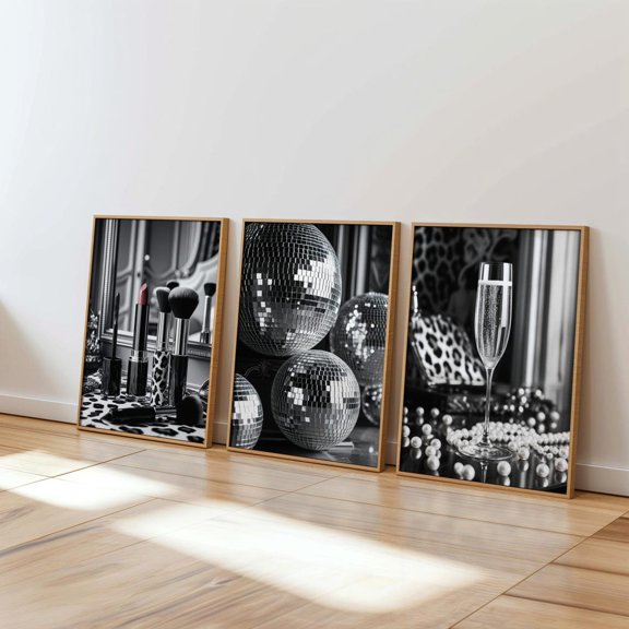 Black and White Fashion Prints Disco Balls Makeup Champagne Set 3 Unframed Paper Print 8x12