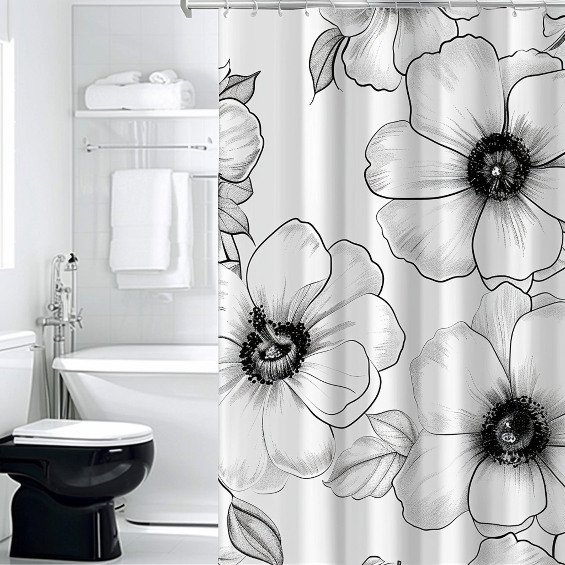 Black and White Floral Bathroom Curtain with Large Flowers Modern