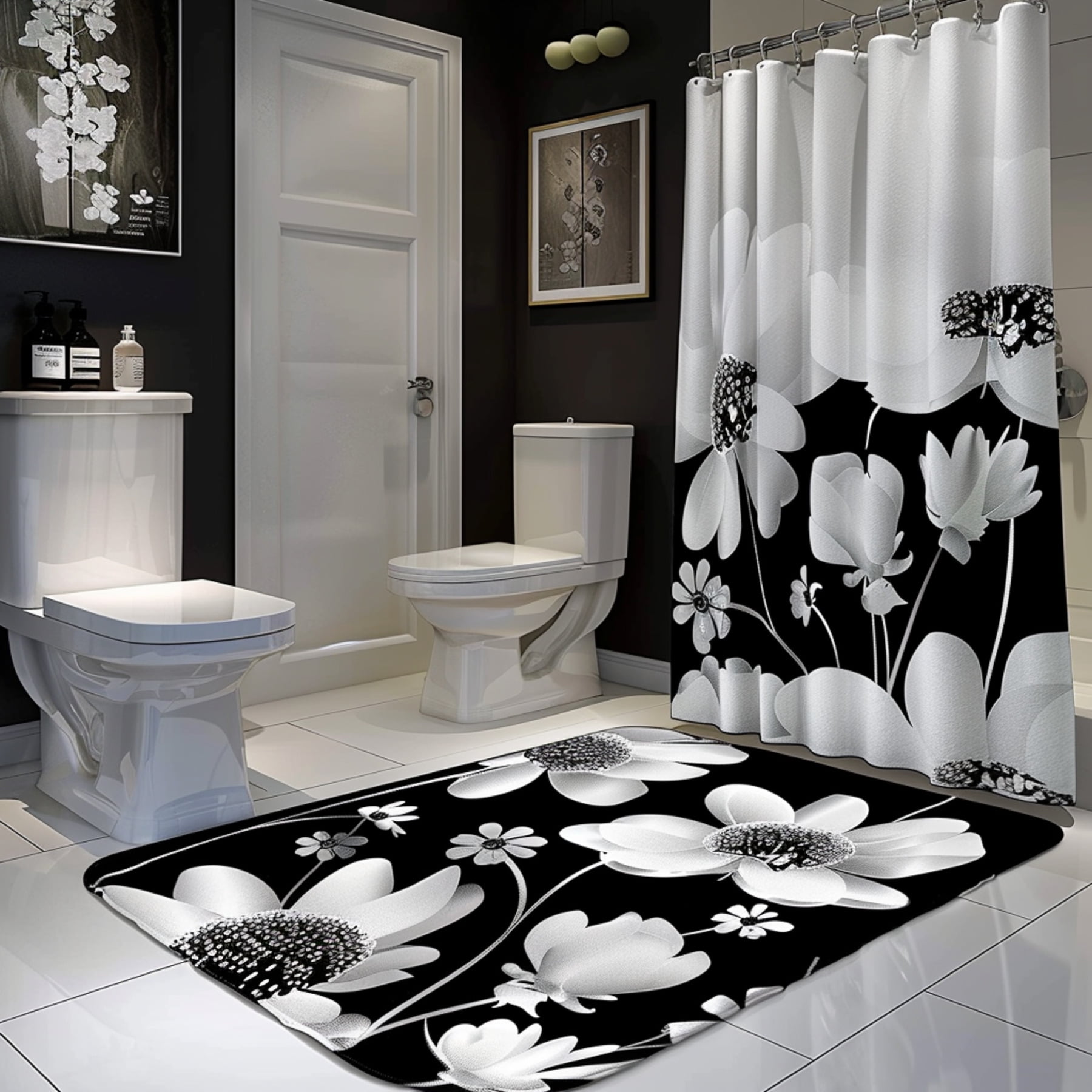 Black and White Floral Bathroom Set HighEnd Modern Design with Soft