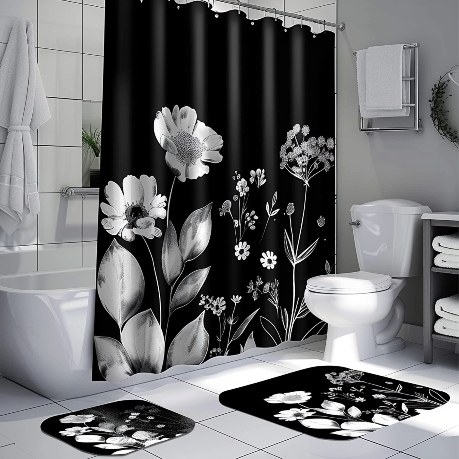 Black and White Floral Bathroom Set Shower Curtain Cover Modern Plant