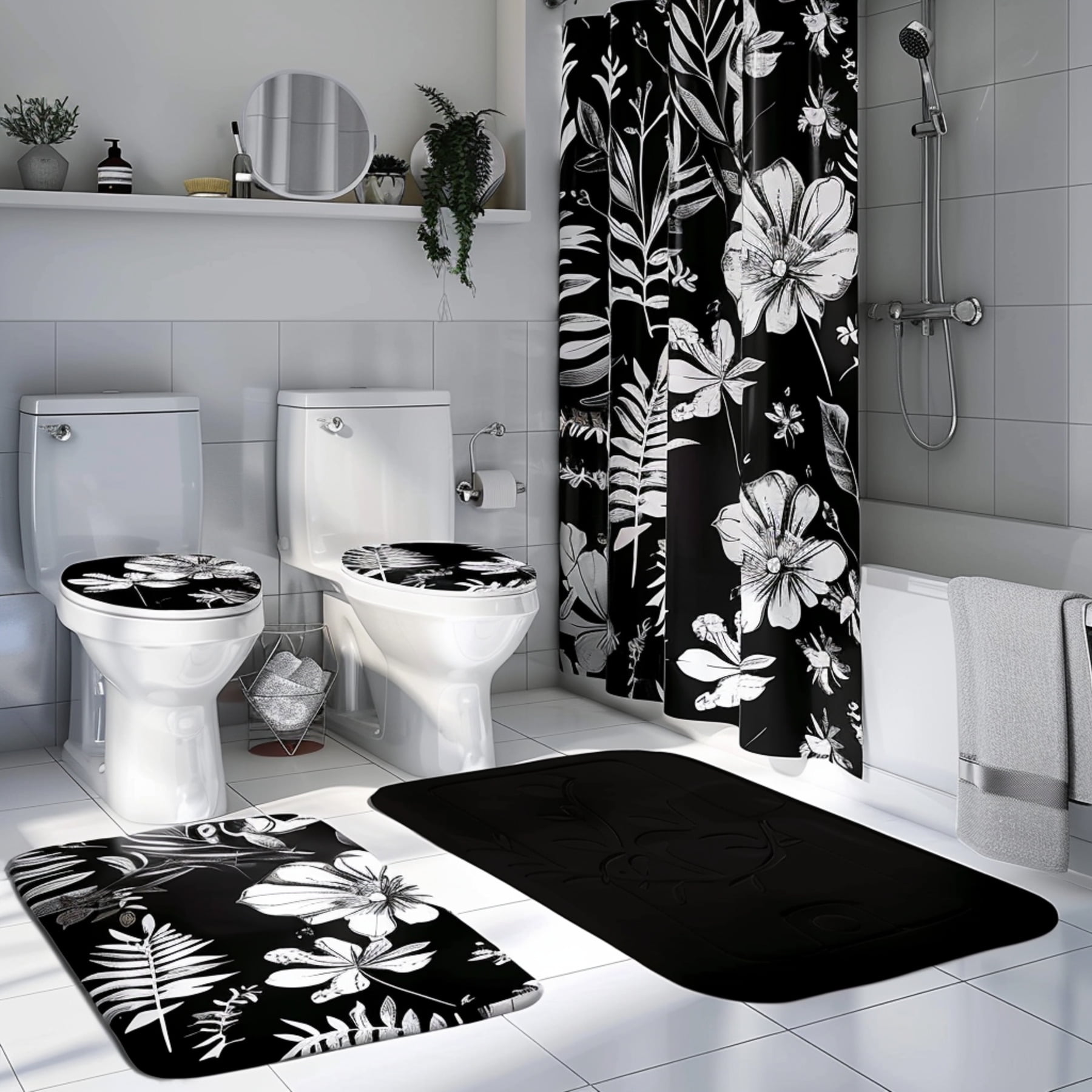 Black and White Floral Bathroom Set Shower Curtain Cover Nature