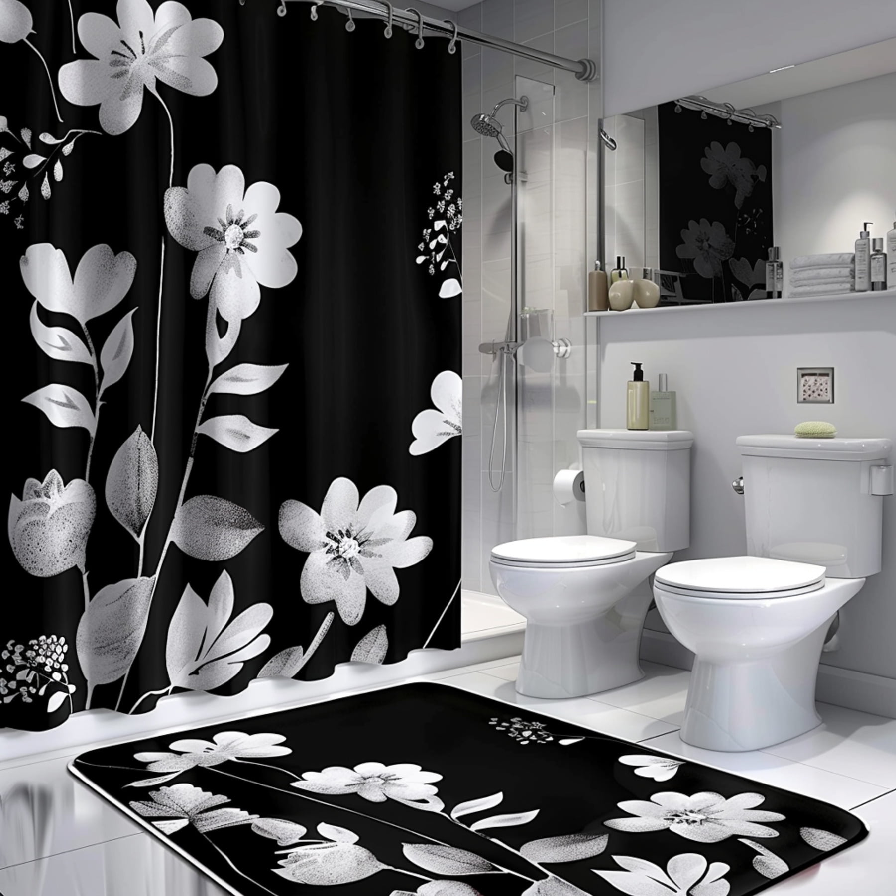 Black and White Floral Bathroom Set Shower Curtain with Unique Pattern