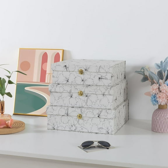 Black and White Floral Cardboard Decorative Storage Boxes with Gold Hardware - Set of 3, Hibiscus Harmony