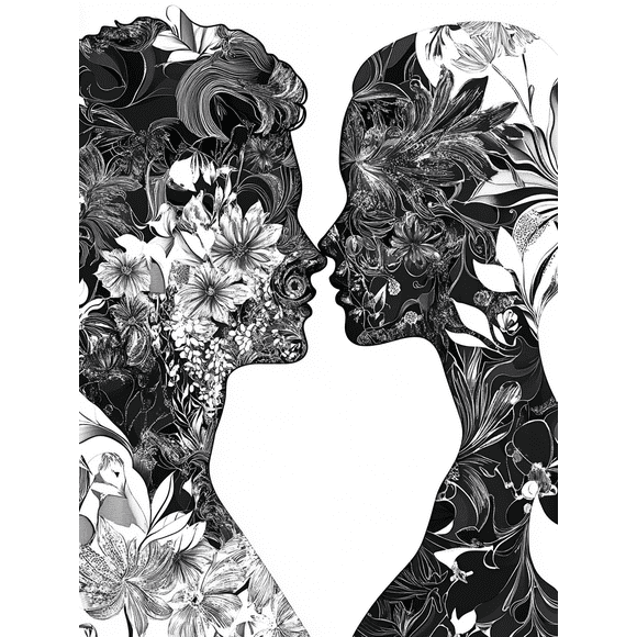 Black and White Floral Couple Silhouette Canvas Wall Art Perfect for Bedroom Living Room Office Dining Room and Hallway Decoration.