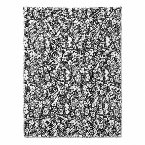 Black and White Floral Doodle Fleece Throw Blanket, Soft Polyester Sofa Cover
