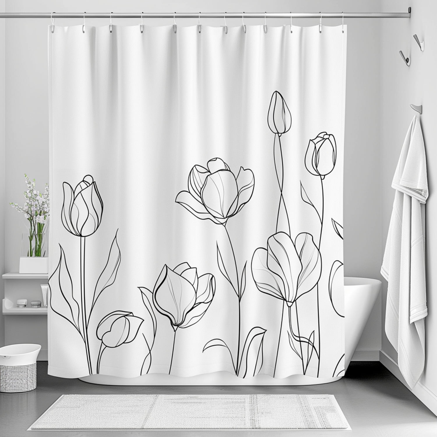 Black and White Floral Line Art Shower Curtain Modern Minimalist