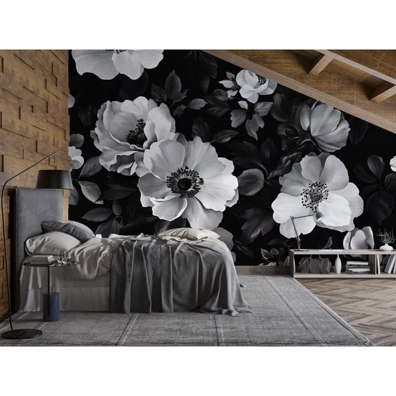Black and White Floral Wall Mural, Oversized Peony Wallpaper for Bedroom Vn642 - Peel and Stick Wall Mural, Removable Wallpaper for Home Decor