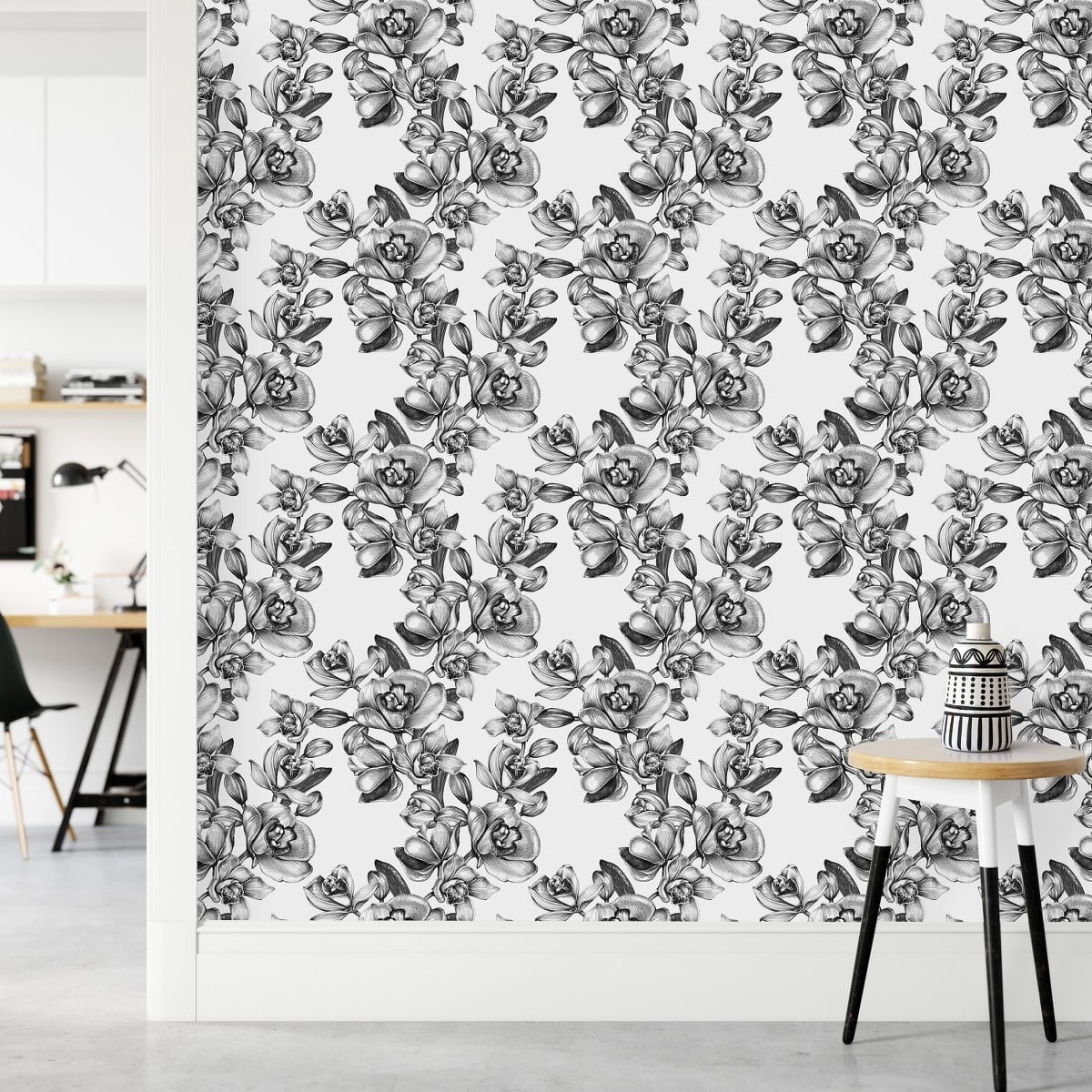Black and White Floral Wallpaper Peel-and-Stick - 25"W x 125"H