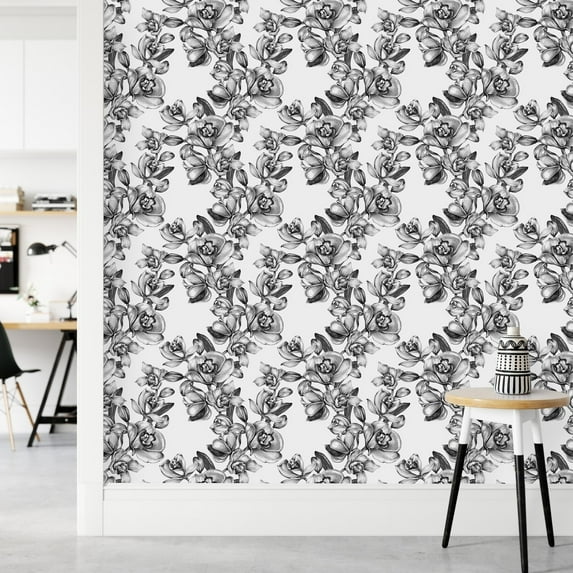 Black and White Floral Wallpaper Pre-Pasted - 25"W x 125"H