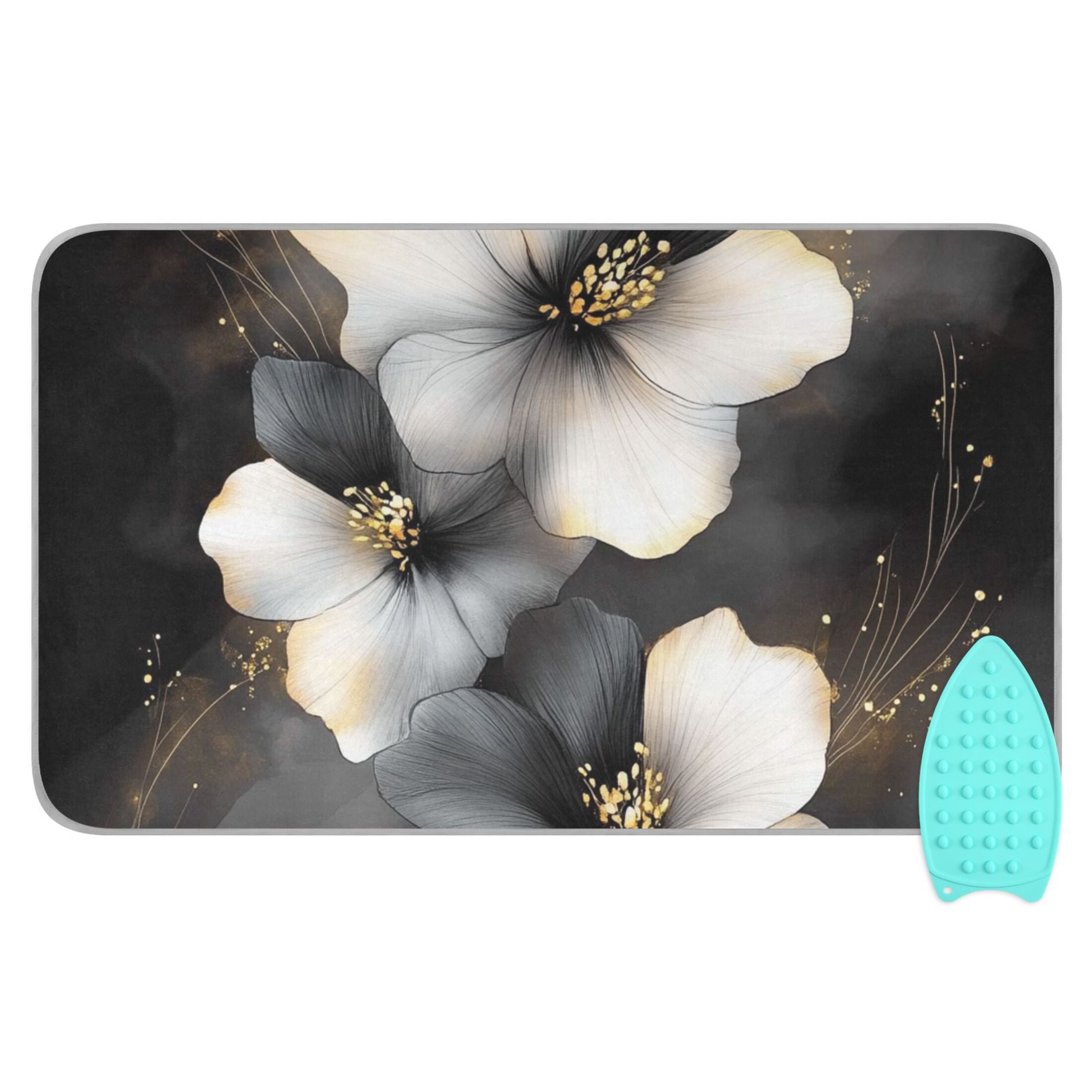 Black and White Flower Ironing Mat Blanket for Table Top Travel Portable Ironing Board Pad 47.2x27.6 Inch
