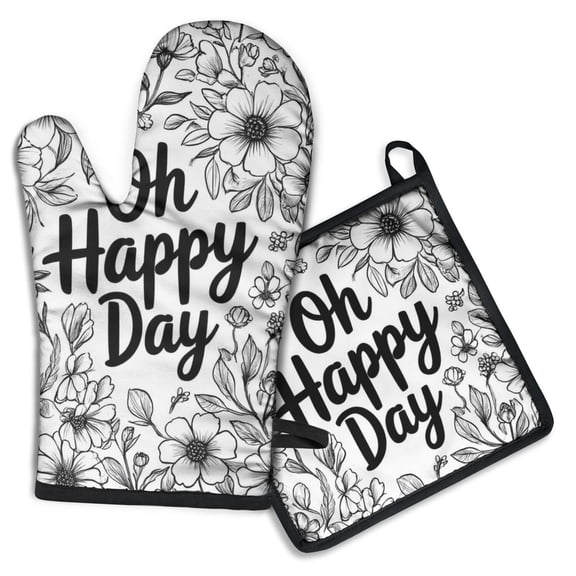 Black and White Flower Kitchen Oven Mitt and Pot Holder Sets 2 Pcs for Baking, Cooking and Grilling, Heat Resistant Up To 392 °F