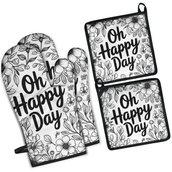 Black and White Flower Kitchen Oven Mitt and Pot Holder Sets 4 Pcs for Baking, Cooking and Grilling, Heat Resistant Up To 392 °F