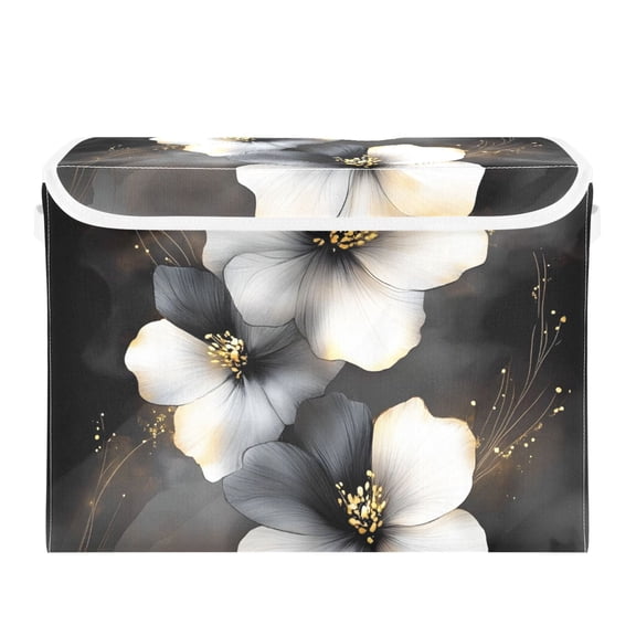 Black and White Flower Large Storage Bins with Linen Collapsible Lid Storage Box 16.7 x 12.6 x 11.8in