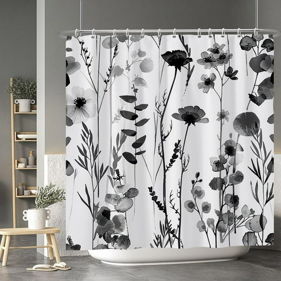 Black and White Flower Shower Curtain Set - Farmhouse Floral Vintage Botanical Fashion for Bathroom 72x72 Inch Polyester Waterproof Decor Accessory