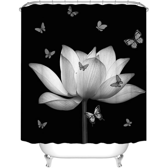 Black and White Flower Shower Curtains for Bathroom Lotus Butterfly Bath Curtain Zen Floral Bathroom Decor 72"x72" with 12 Hooks