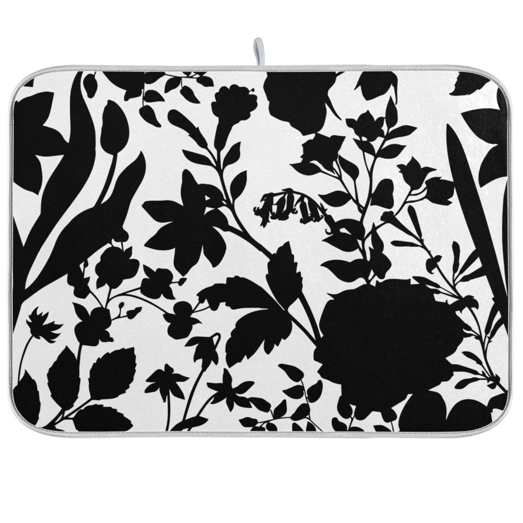 Black And White Flowers Dish Drying Mat Microfiber Kitchen Mats Large 