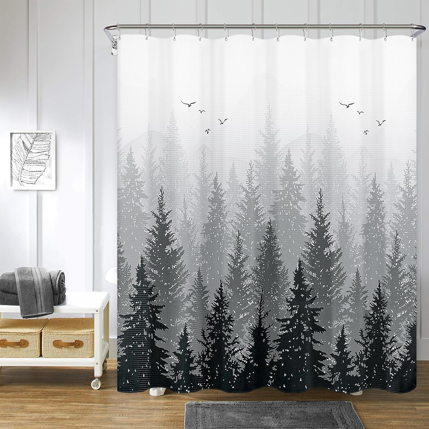 Black and White Forest Bathroom shower curtain Set Mountain Nature Tree Plant Black and Gray Waffle Fabric Bath Curtains Hotels, 72x72 inch