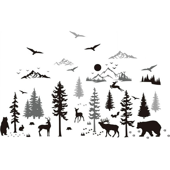Black and White Forest Deer Wall Decals Mountain Sun Theme Wall Stickers with Bird Bear Squirrel Wall Decor Vinyl Wall Decoration