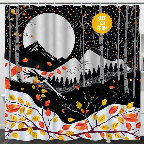 Black and White Forest Shower Curtain with Grey Moon & Colorful Leaves