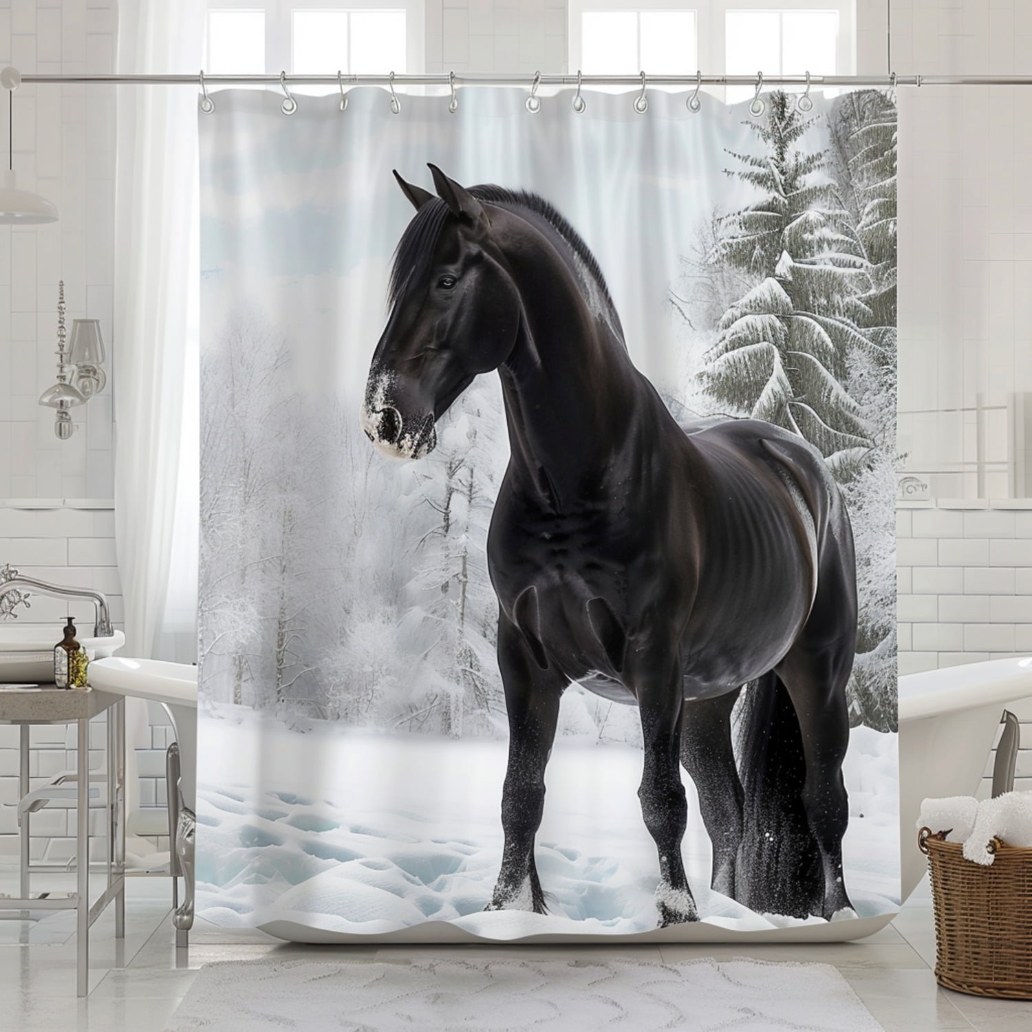 Black and White Friesian Horse Winter Landscape Shower Curtain Photo