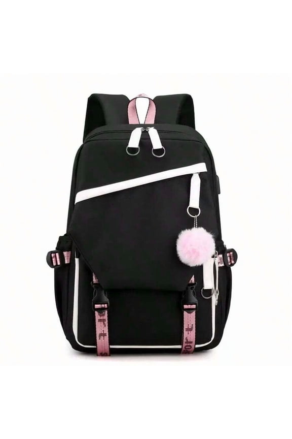 Black and White Functional Backpack with Pom-Pom Charm, Oxford Fabric, USB