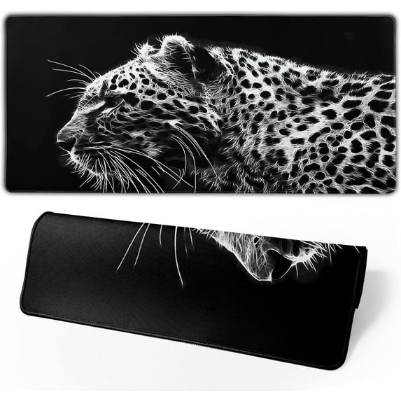 Black and White Gaming Mouse Pad 31.5 x 11.8 Inch Extended Large Mouse Pad with Non-Slip Base and Stitched Edges for Gamer Home Office, Black Leopard