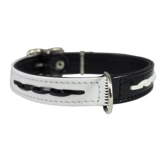 Black and White Genuine Leather Designer Dog Collar with Braids (10"-12" Neck)