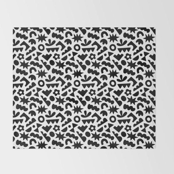 Black and White Geometric Doodle Fleece Blanket, Polyester Fleece Fabric, 280 GSM, Star and Squiggle Pattern