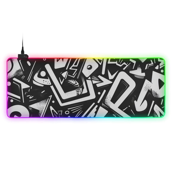 Black and White Geometric Graffiti RGB Gaming Mouse Pad Large Keyboard Mat Rubber Base 13 Light Modes
