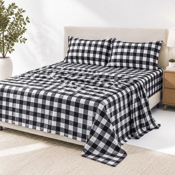 Black and White Gingham Queen 4-Piece Microfiber Bedding Sheet Set