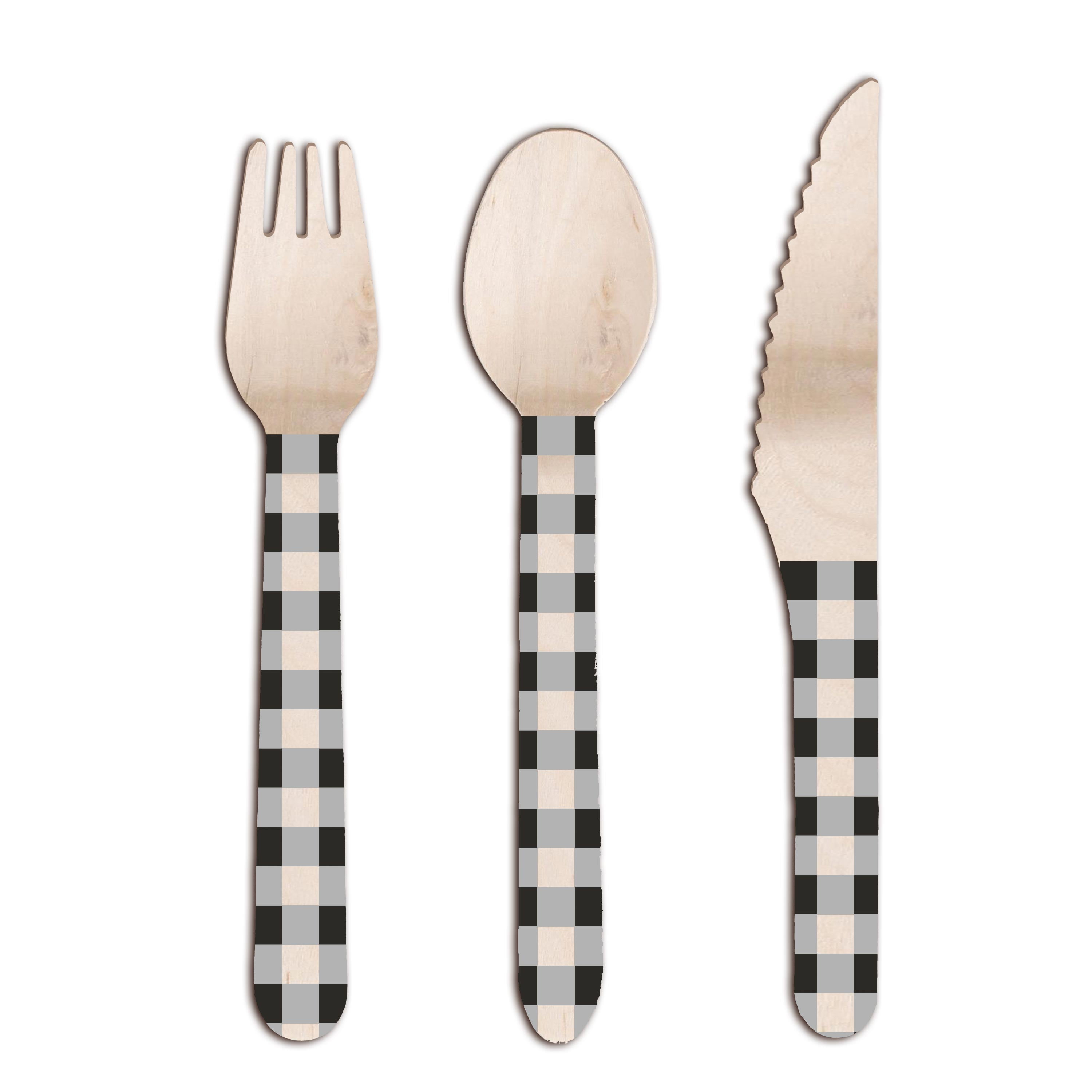 Black and White Gingham Wooden Assorted Cutlery, 24 Count by Way to Celebrate