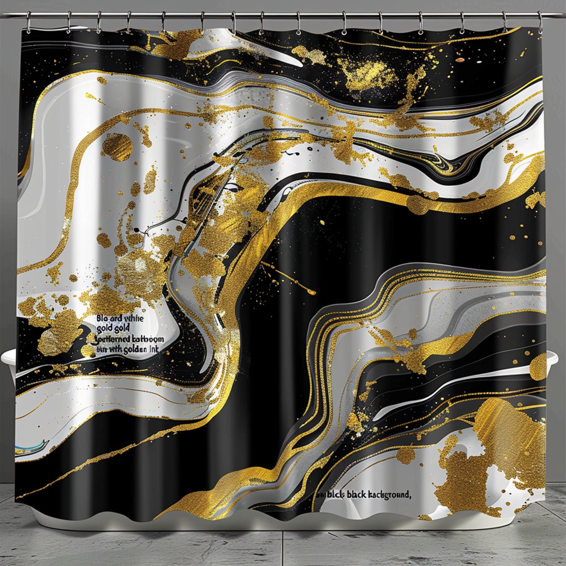 Black and White Gold Marble Patterned Bathroom Shower Curtain with