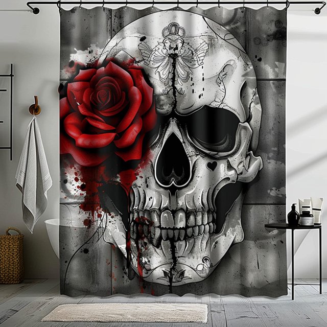 Black and White Gothic Rose Shower Curtain Red Flower Grey Background