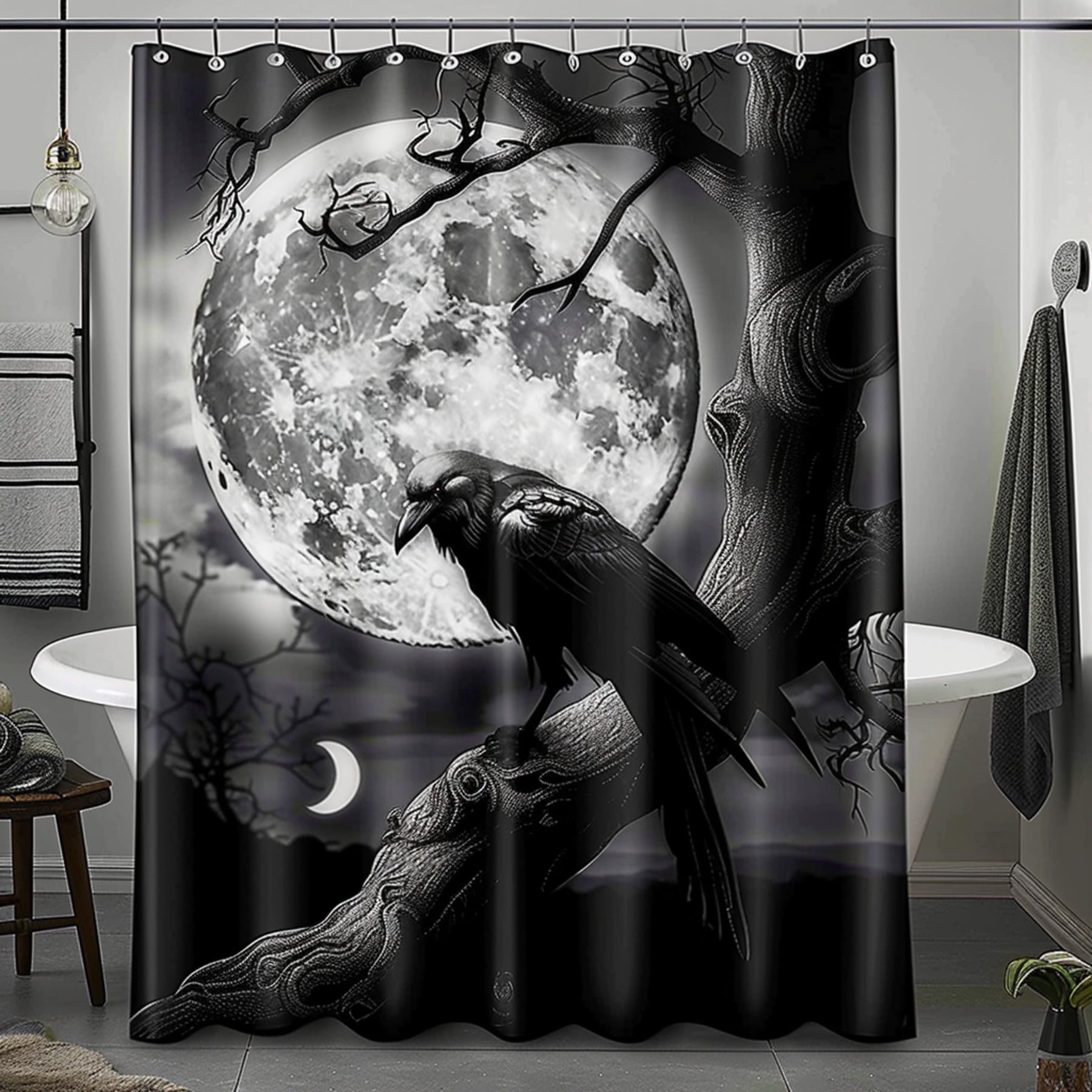 Black and White Gothic Shower Curtain Set with Full Moon and Tree