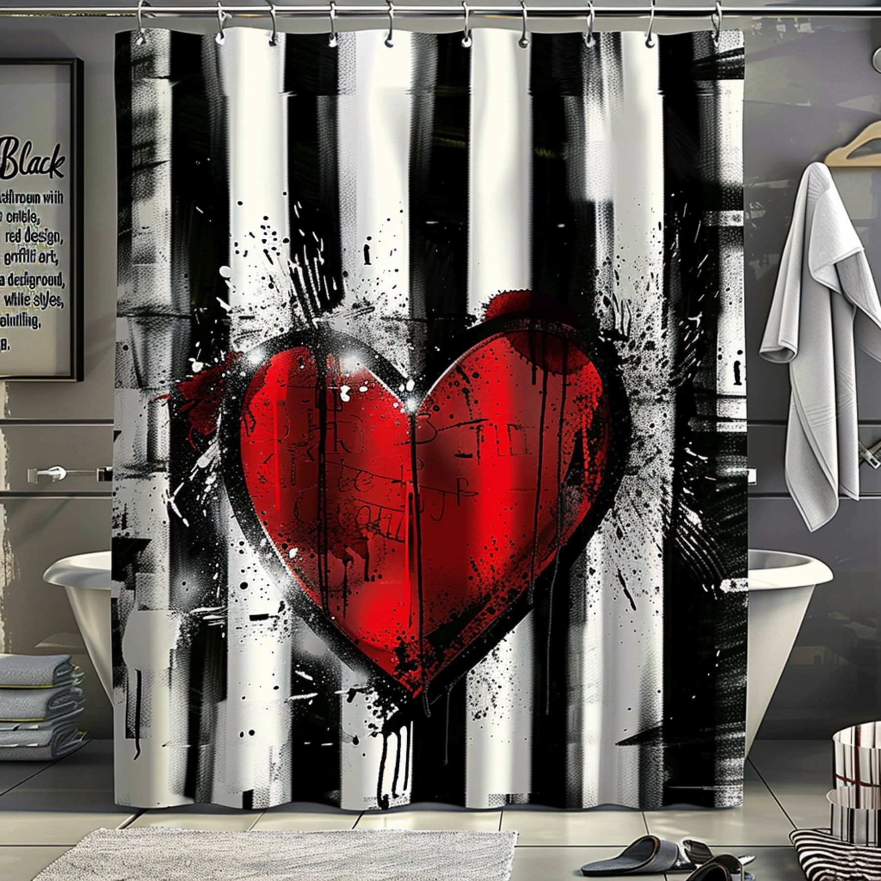 Black and White Graffiti Art Shower Curtain with Red Heart Design ...