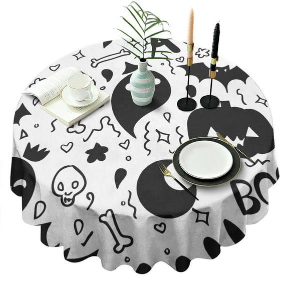 Black and White Halloween Doodle Pattern Round Tablecloth 60"x60",Wrinkle Wipeable Table Cloth for Kitchen Dining Room Picnic Patio Party