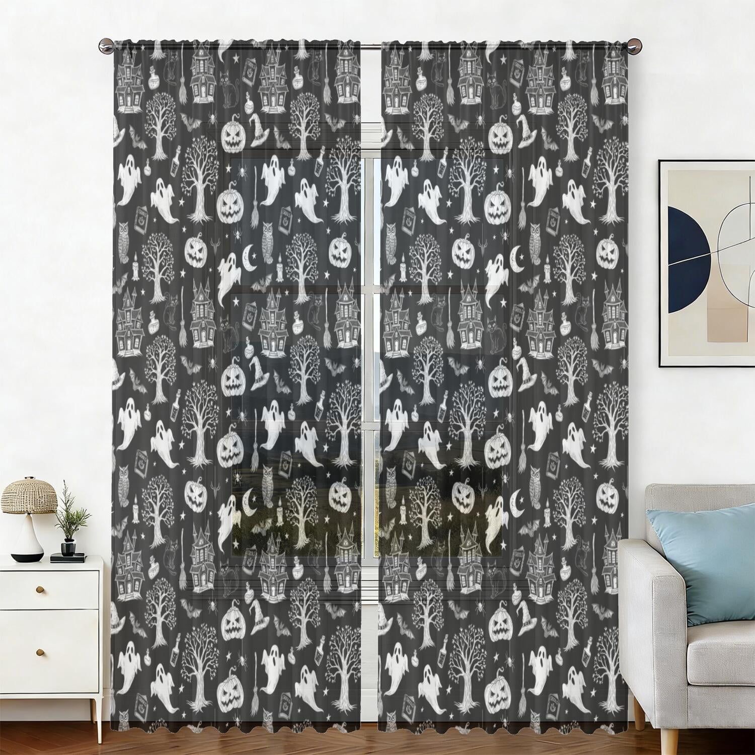 Tech Pattern Element Black and White Halloween Elements Pattern Sheer Curtains, Voile Drapes ...