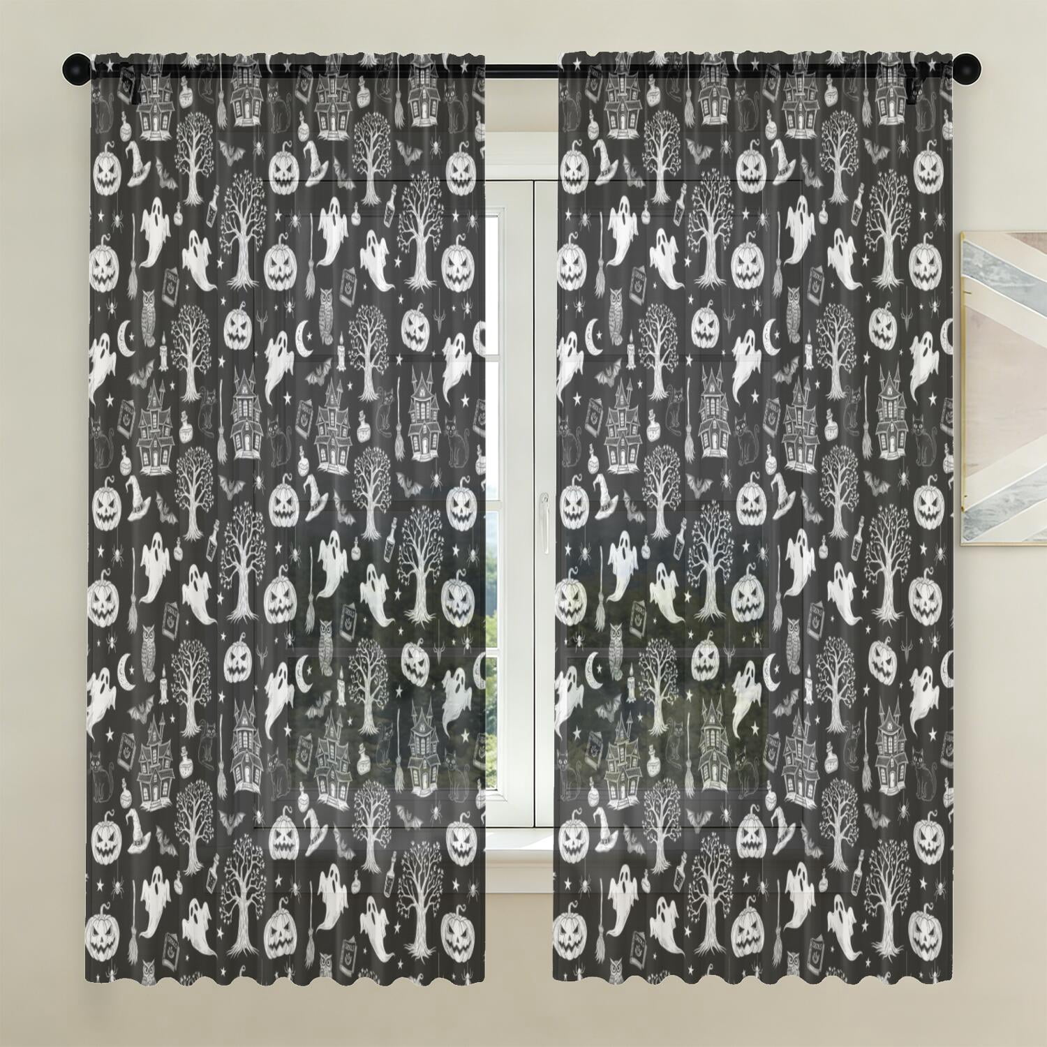 Tech Pattern Element Black and White Halloween Elements Pattern Sheer Curtains, Voile Drapes ...