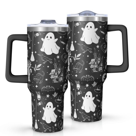 Black and White Halloween Elements Pattern Tumbler with Handle and Lid,40oz Double Wall Vacuum Insulated Tumbler,Cups Gift for Women and Men