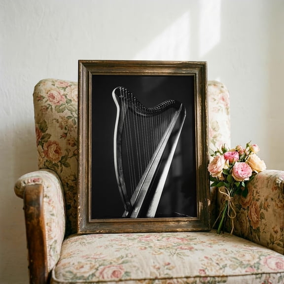 Black and White Harp Vintage Harp Photography Classical Music Minimalist Instrument Poster Unframed Paper Print