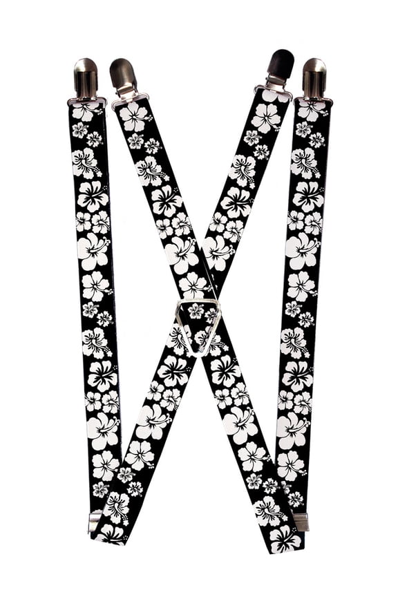 Black and White Hibiscus Flower Floral Pattern Suspenders