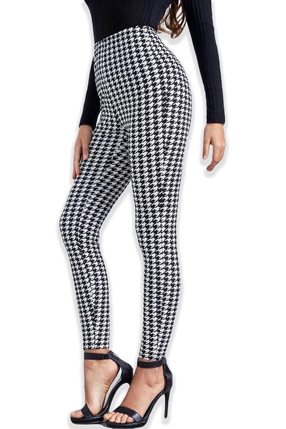 Black and White High Waist Houndstooth Pattern Pant Leggings (XS)