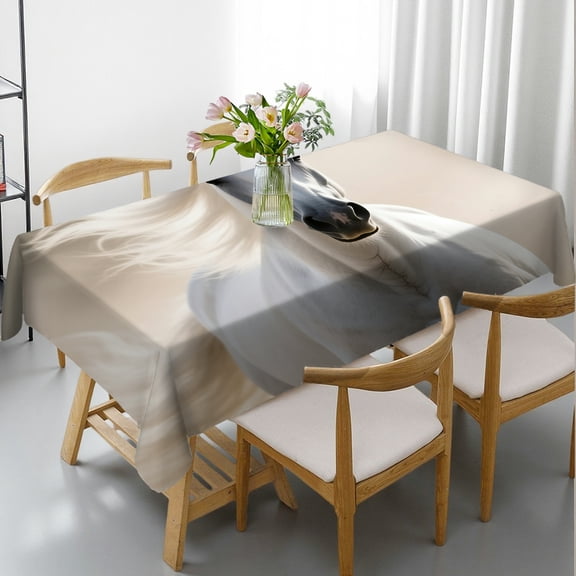 Black and White Horse Rectangular Tablecloth, Polyester Tablecloths - Festive Table Setting Tablecloths rectangle , Cafe, dinner, picnic, party