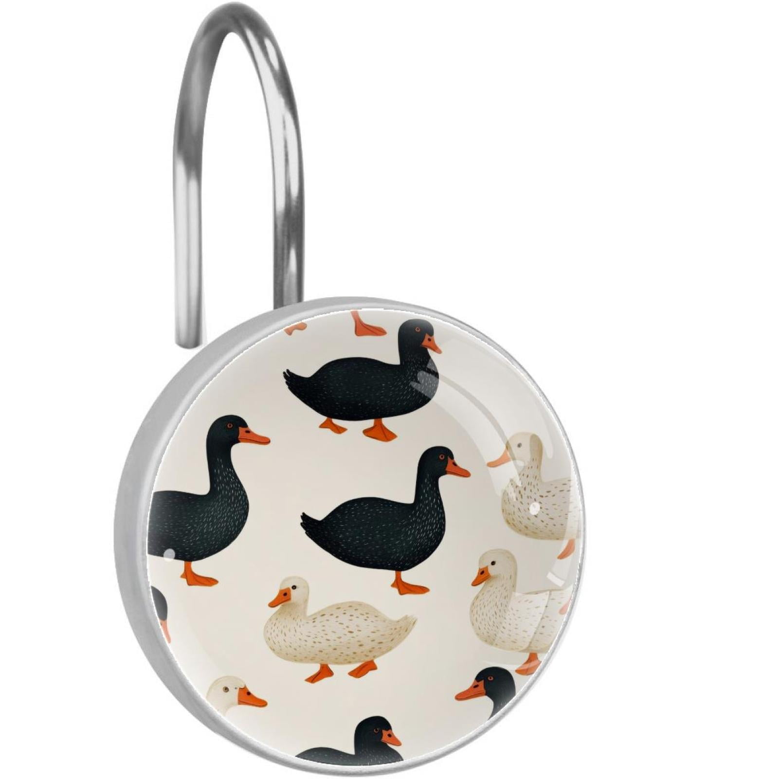 Black and White Indian Runner Ducks Shower Curtain Hooks Round Crystal Glass, Set of 12 Shower Curtain Rings - Shower Hooks for Curtain Shower Rings