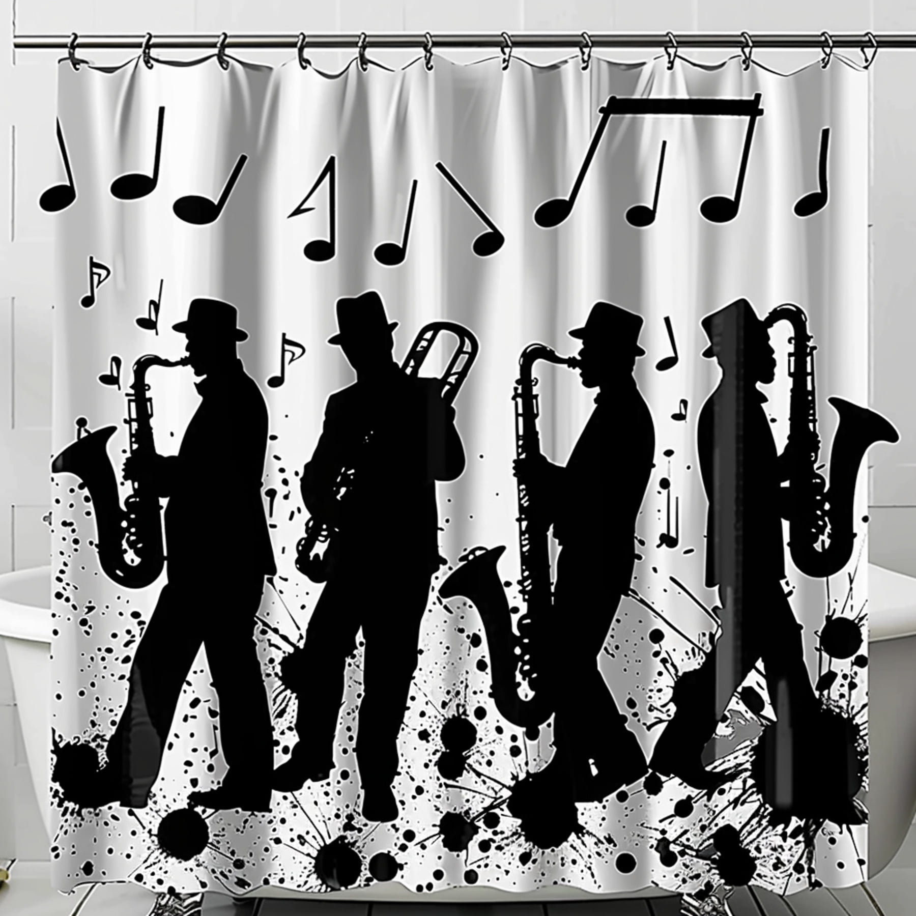 Black and White Jazz Band Shower Curtain Musical Note Design Bathroom