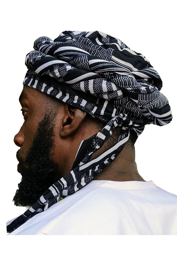 Black and White Kente African Print pre-tied Turban for Men