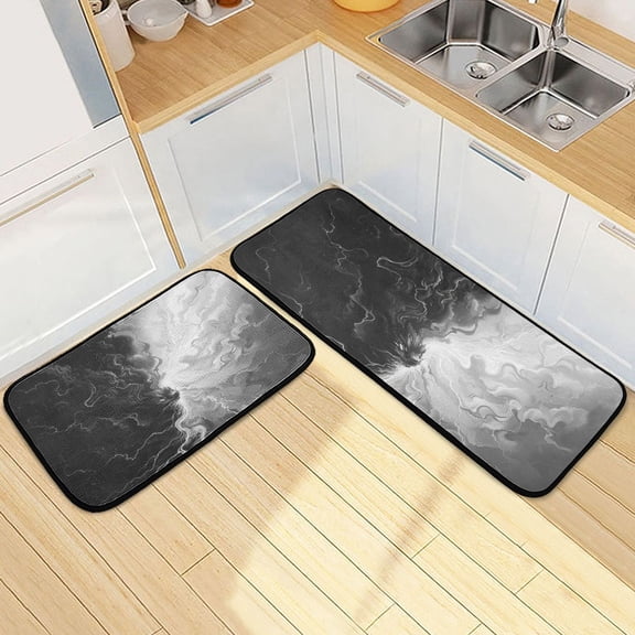 Black and White Kitchen Rugs Set of 2 Non Slip Floor Foam Mat Cushioned Soft Waterproof Carpet Runner for Dining Room Laundry