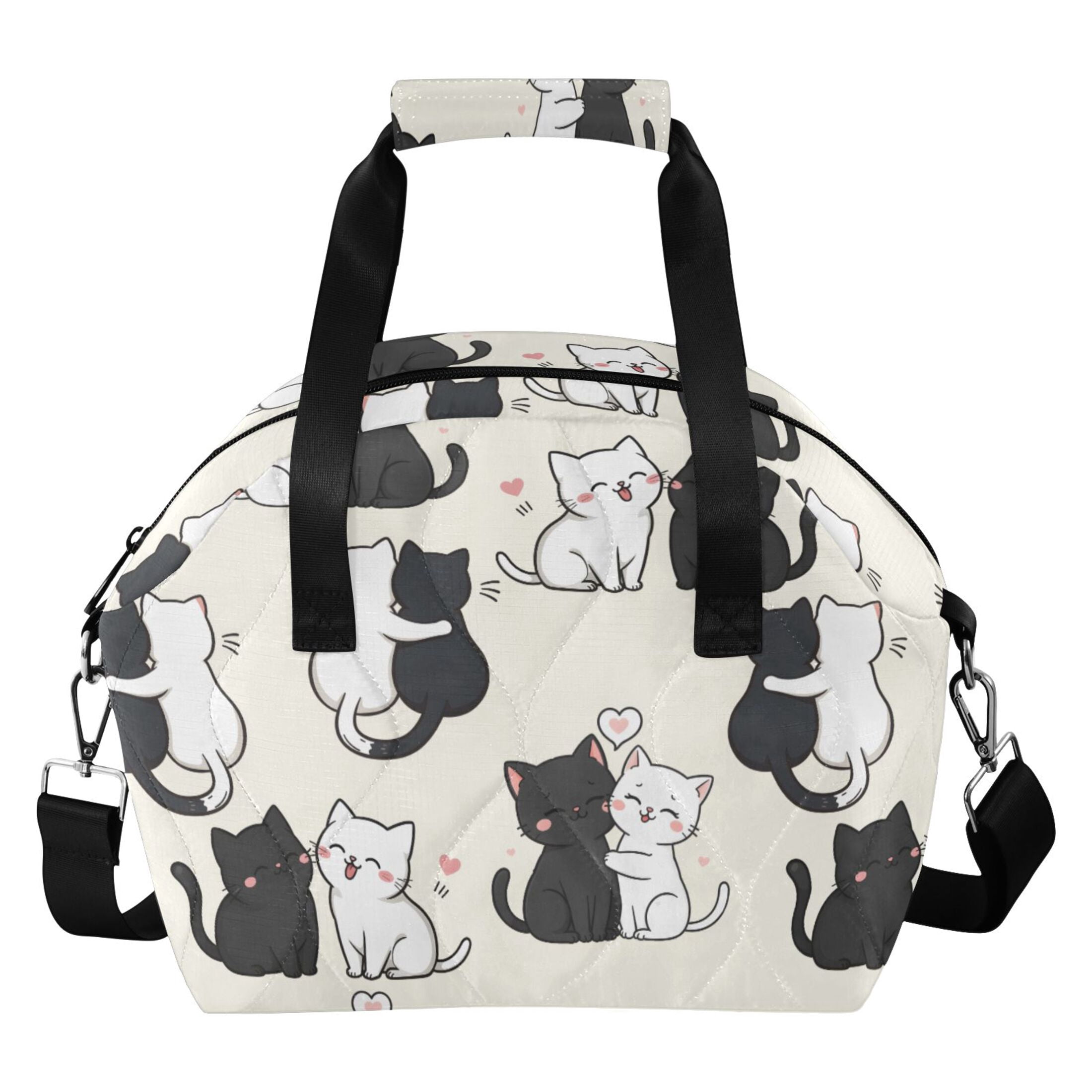 Black and White Kitten Women Lunch Bag Quilted Insulated Water Resistant Tote for Work and Picnic