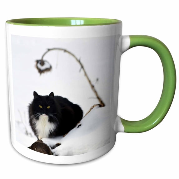 Black and White Kitty on Log with Dried Sunflower 11oz Two-Tone Green Mug mug-254464-7
