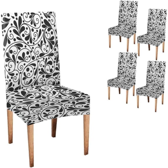 Black and White Leaf Paisley Chair Covers Set of 4 Stretch Removable Washable Slipcovers for Dining Room Hotel Kitchen